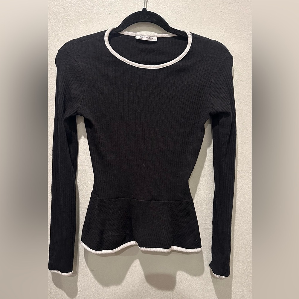 Zara Black Long Sleeve Top with White Trim